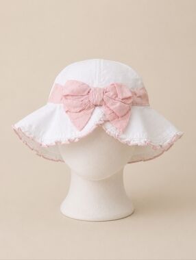 Janie and Jack Baby Girl White Pink Bow Bucket Hat Sun Bonnet 3M Preppy Coastal